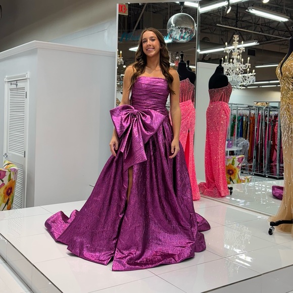 fitted lace wedding dress Sherri Hill purple prom dress at XO by Sophia's main image 0